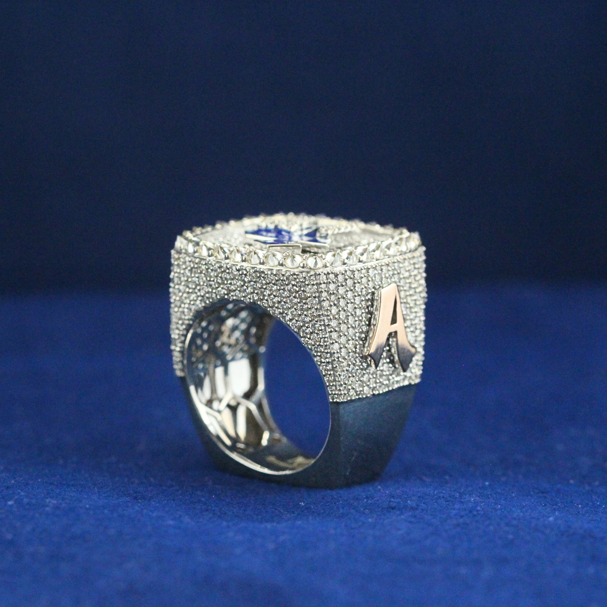 Right side standing view of the Victory Four Elite Ring crafted in 925 silver with dazzling moissanite diamonds, blending fine jewelry elegance with bold hip hop style.