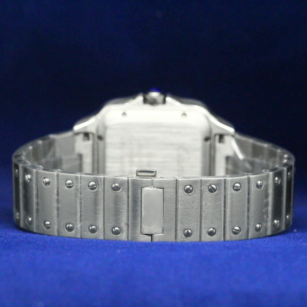 Back view of the White Roman Numeral Dial Watch highlighting the stainless steel strap and solid case back.
