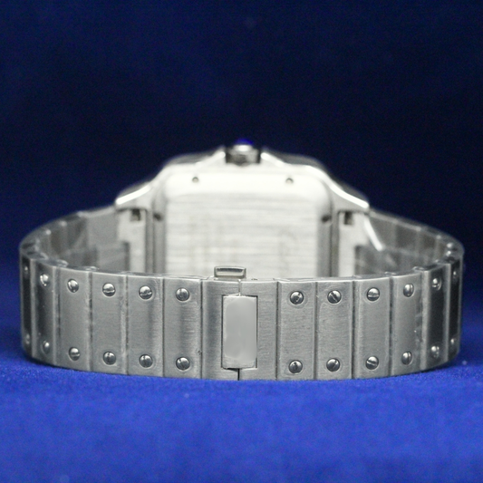 Back view of the White Roman Numeral Dial Watch highlighting the stainless steel strap and solid case back.
