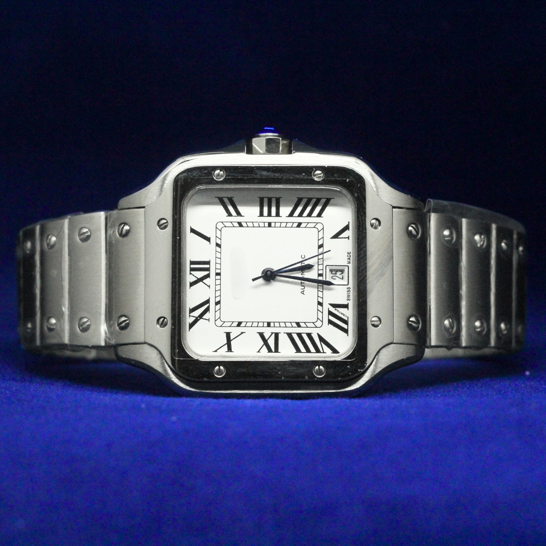 Front view of White Roman Numeral Dial Watch featuring a clean white dial with bold Roman numerals in a sleek square case.