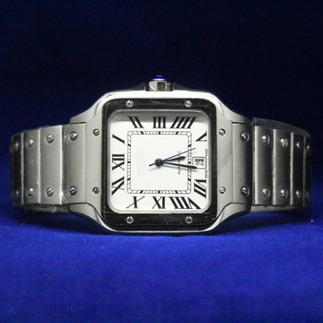 Front view of White Roman Numeral Dial Watch featuring a clean white dial with bold Roman numerals in a sleek square case.