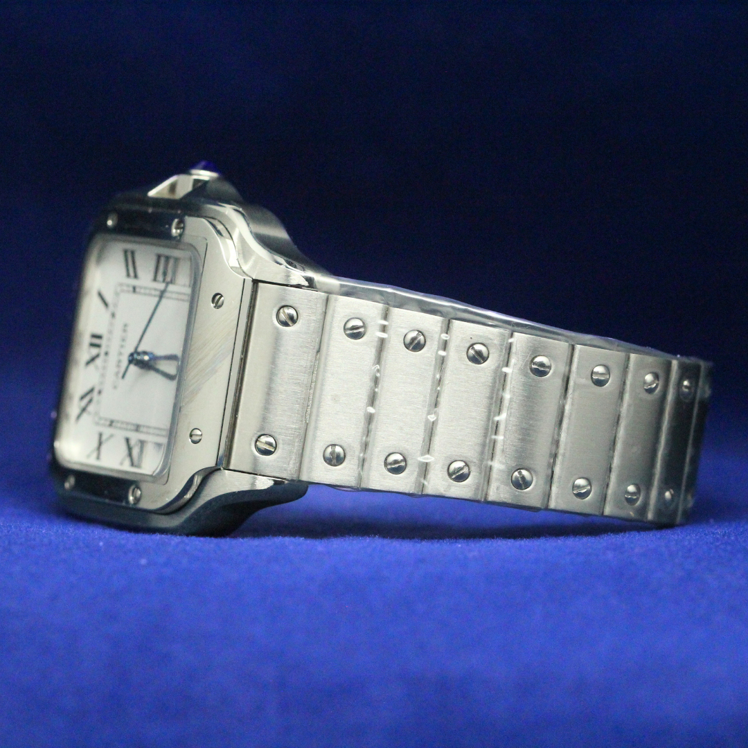 Left angle of the White Roman Numeral Watch with smooth contours and urban-inspired sophistication.