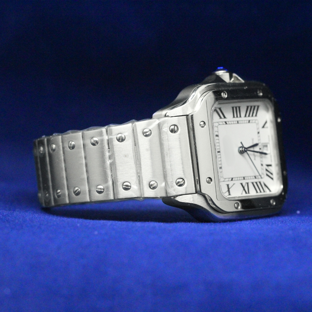 Right side view of the White Roman Dial Watch showcasing its minimalist profile and polished casing.
