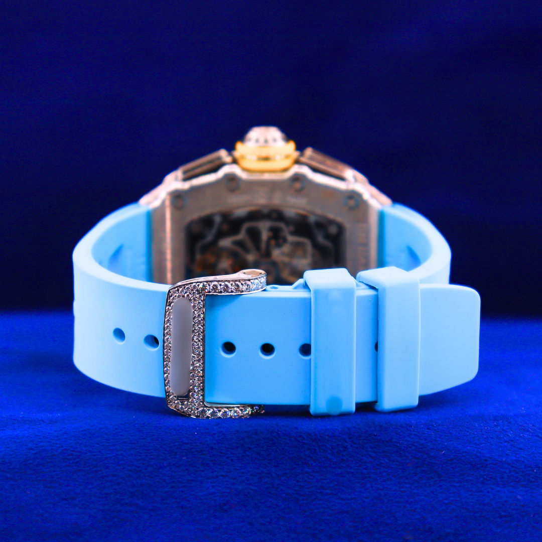 Back view of Aqua Blue Phantom watch – custom half iced out timepiece in 14K white gold with clean diamond-studded finish