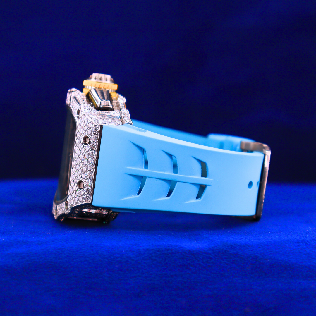 Left side of Aqua Blue Phantom – luxury hip hop watch with moissanite ice, 14K white gold, half iced for bold drip