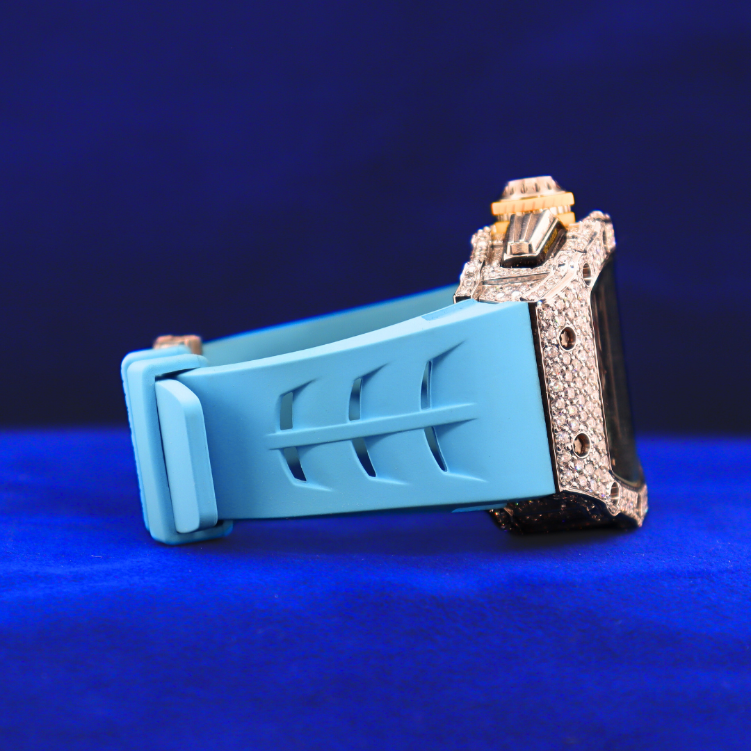Right side of Aqua Blue Phantom watch – iced out custom piece with moissanite diamonds, set in 14K white gold with aqua dial