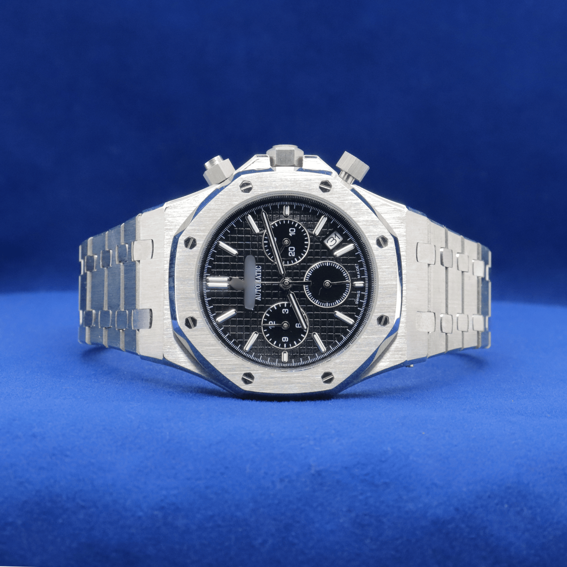 Front view of Black Dial Prestige Chrono plain stainless steel watch with a bold and modern design.