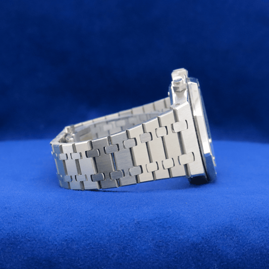 Right-side view of Black Dial Prestige Chrono stainless steel watch, featuring a sleek and timeless look.