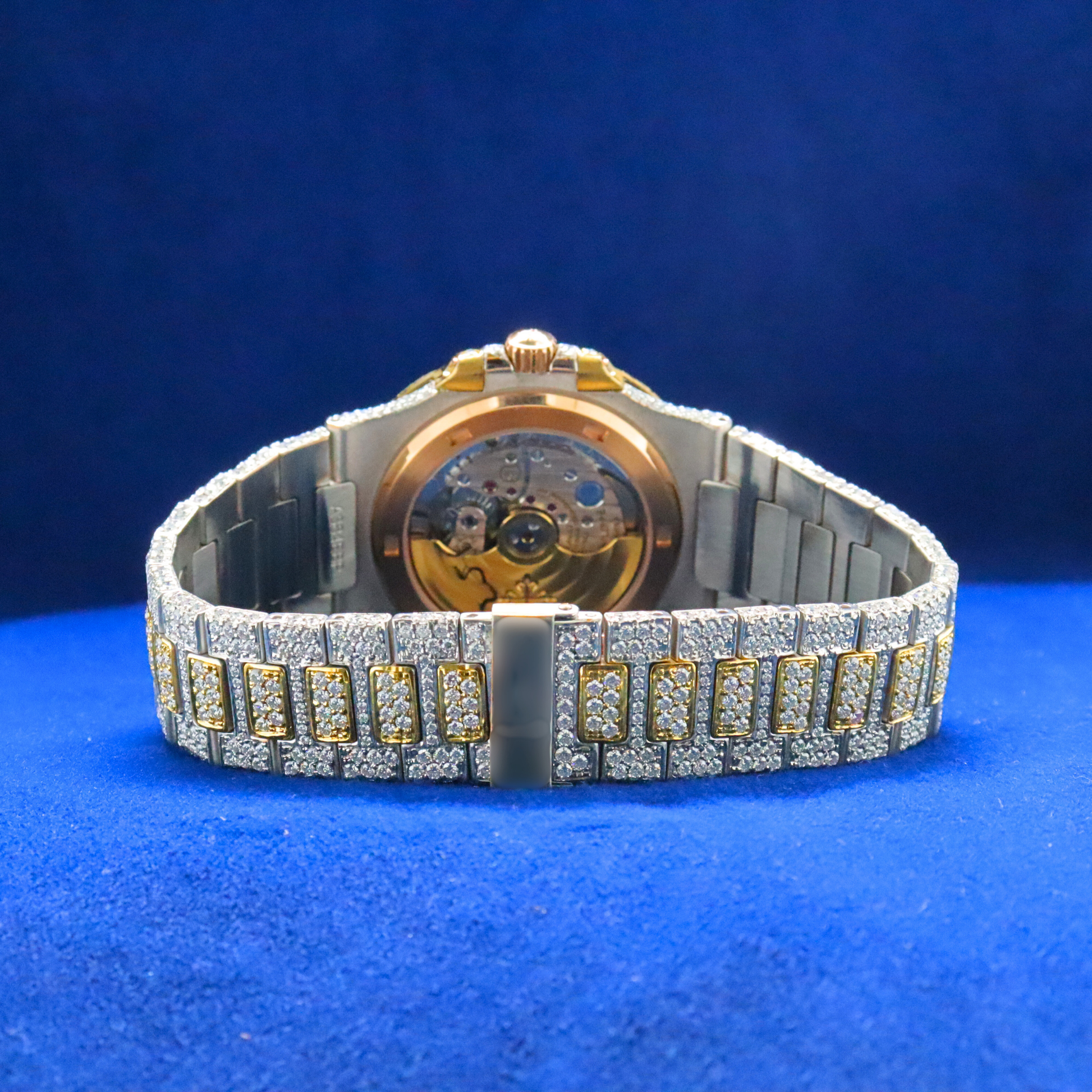 Back view of Black Gold Diamond-Set Timepiece with Moissanite diamonds – Custom iced out hip hop watch
