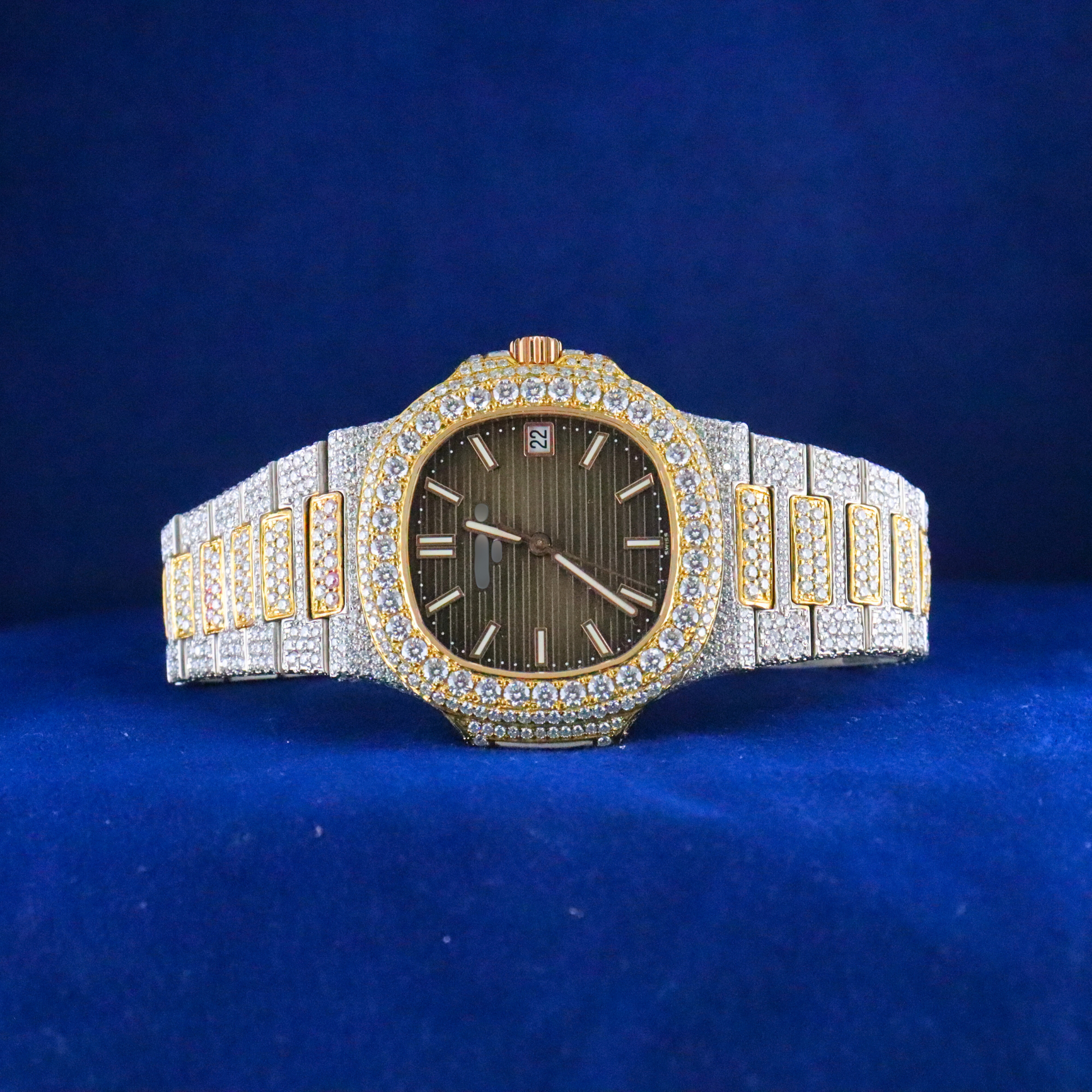 Front view of Black Gold Diamond-Set Timepiece with Moissanite diamonds – Custom iced out hip hop watch