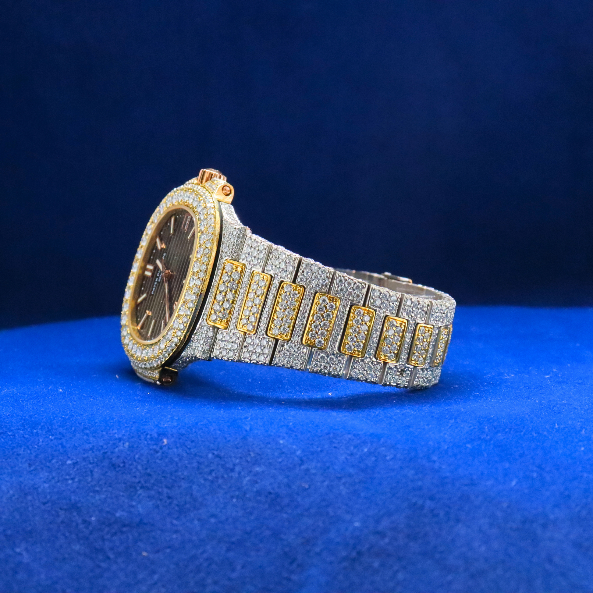 Left side view of Black Gold Diamond-Set Timepiece with Moissanite diamonds – Custom iced out hip hop watch