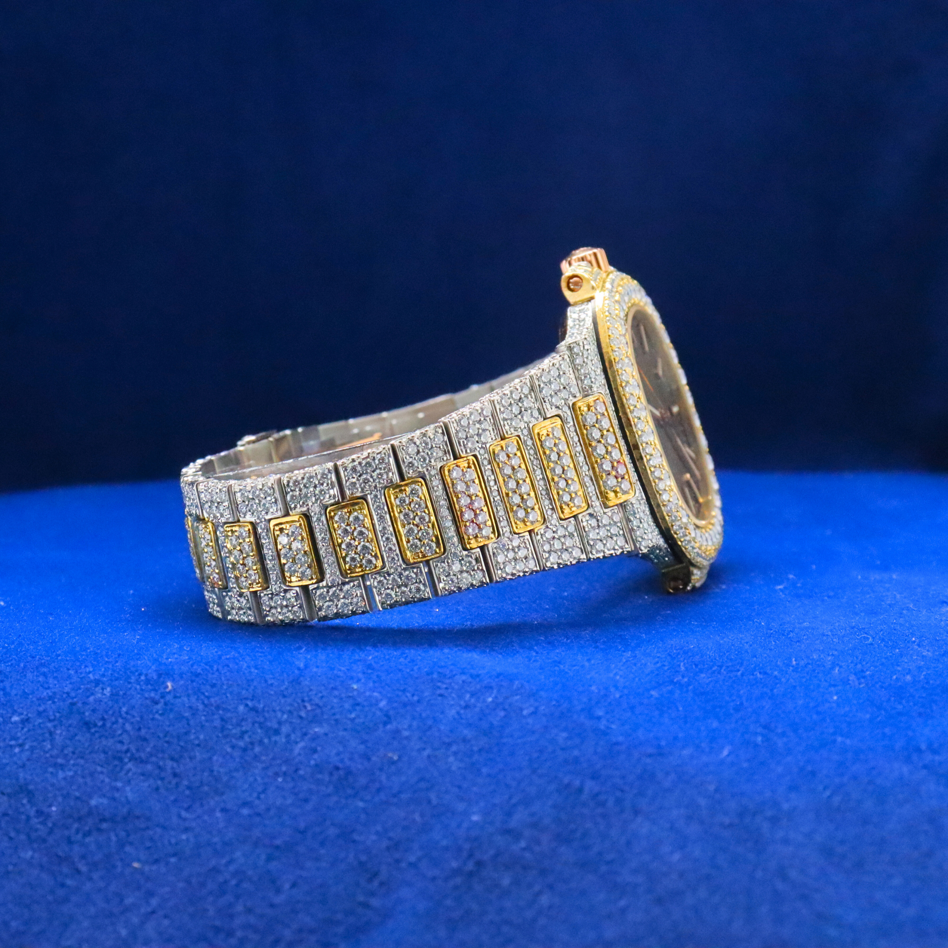 Right side view of Black Gold Diamond-Set Timepiece with Moissanite diamonds – Custom iced out hip hop watch