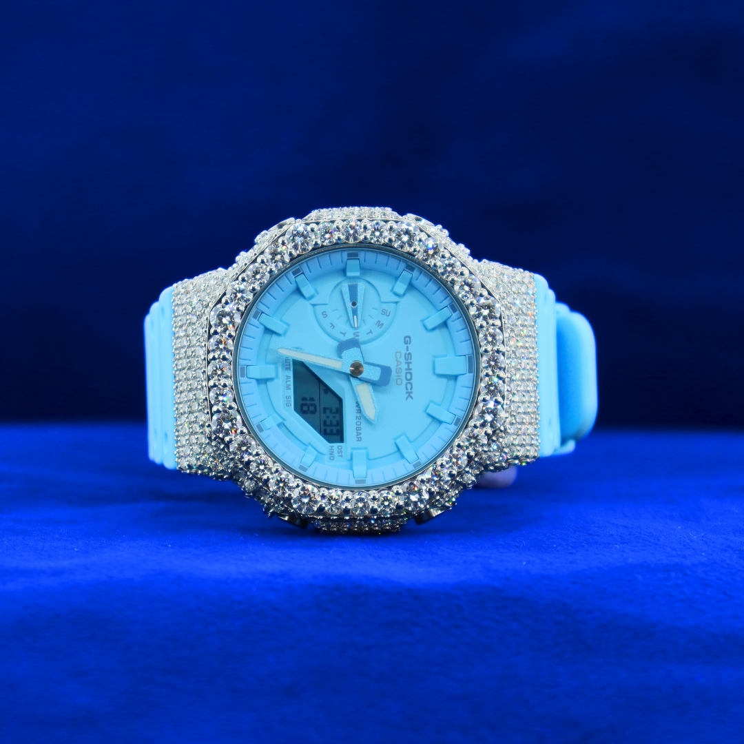 Front view of Blue Frost custom watch in 14K white gold with moissanite diamonds – luxury half iced out timepiece for men and women