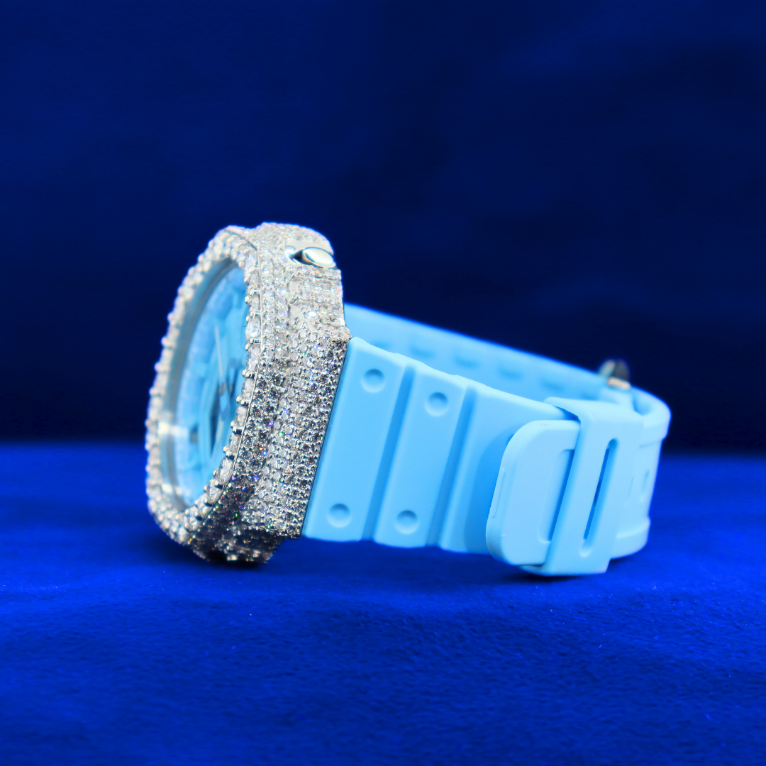 Left view of Blue Frost half iced out custom watch – set in 14K white gold with moissanite diamonds for ultimate drip