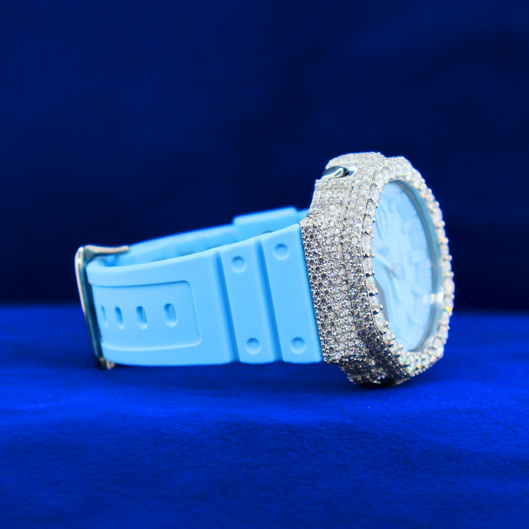 Front view of Blue Frost custom watch in 14K white gold with moissanite diamonds – luxury half iced out timepiece for men and women