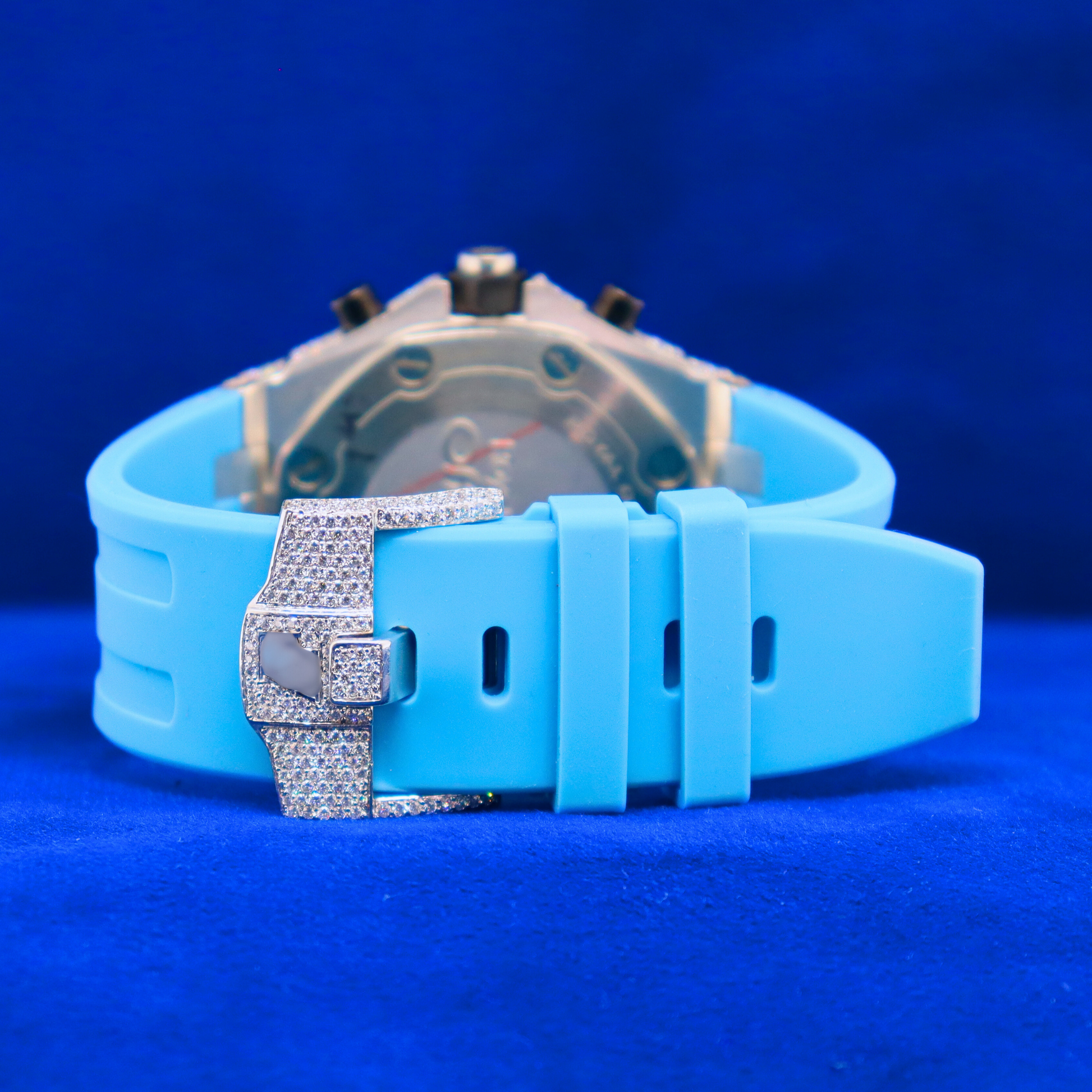 Back view of Blue Iced Frost Phantom – moissanite iced out back plate, 14K white gold custom design with ice from every angle
