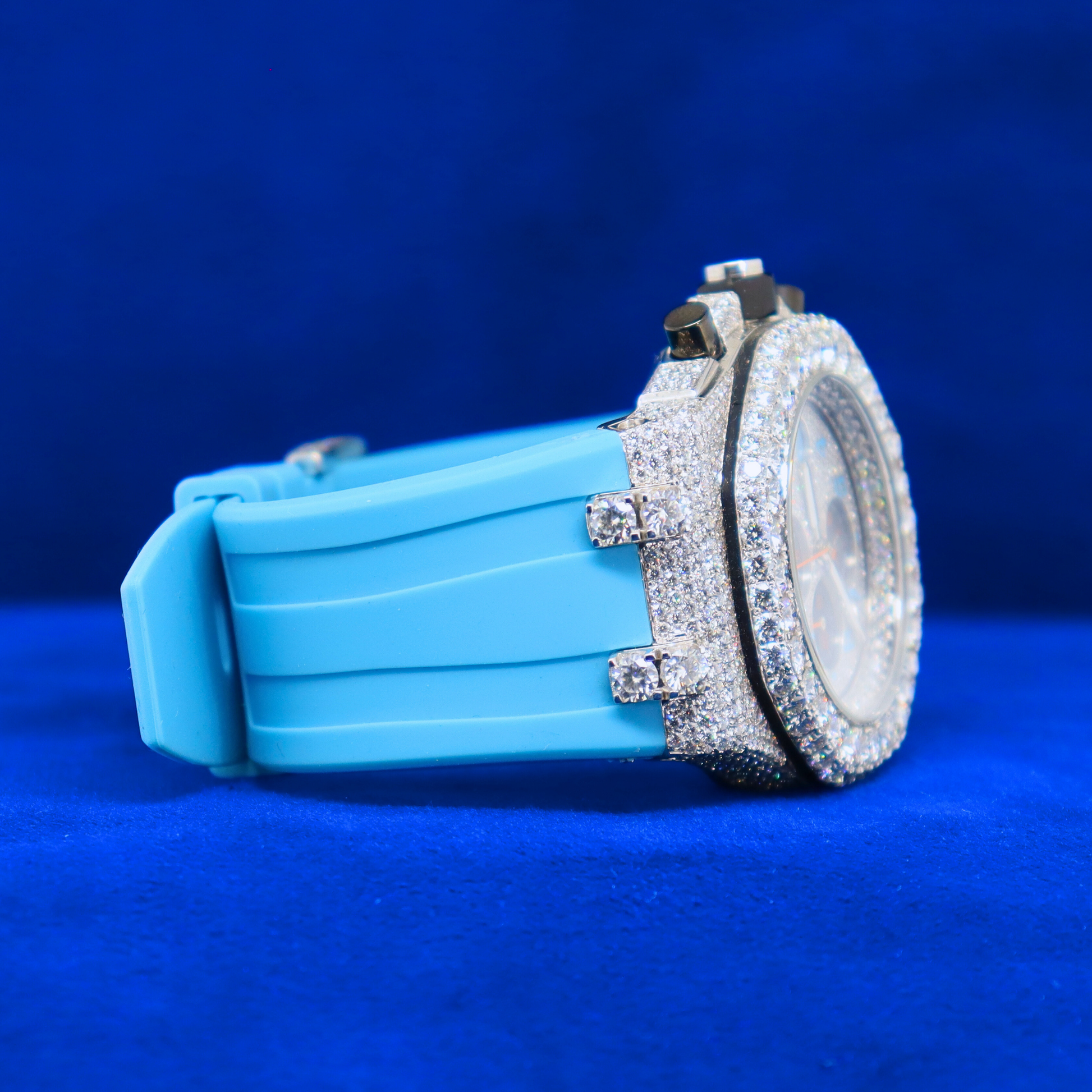 Right side angle of Blue Iced Frost Phantom – moissanite diamond hip hop watch in white gold, half iced out for that cold flex