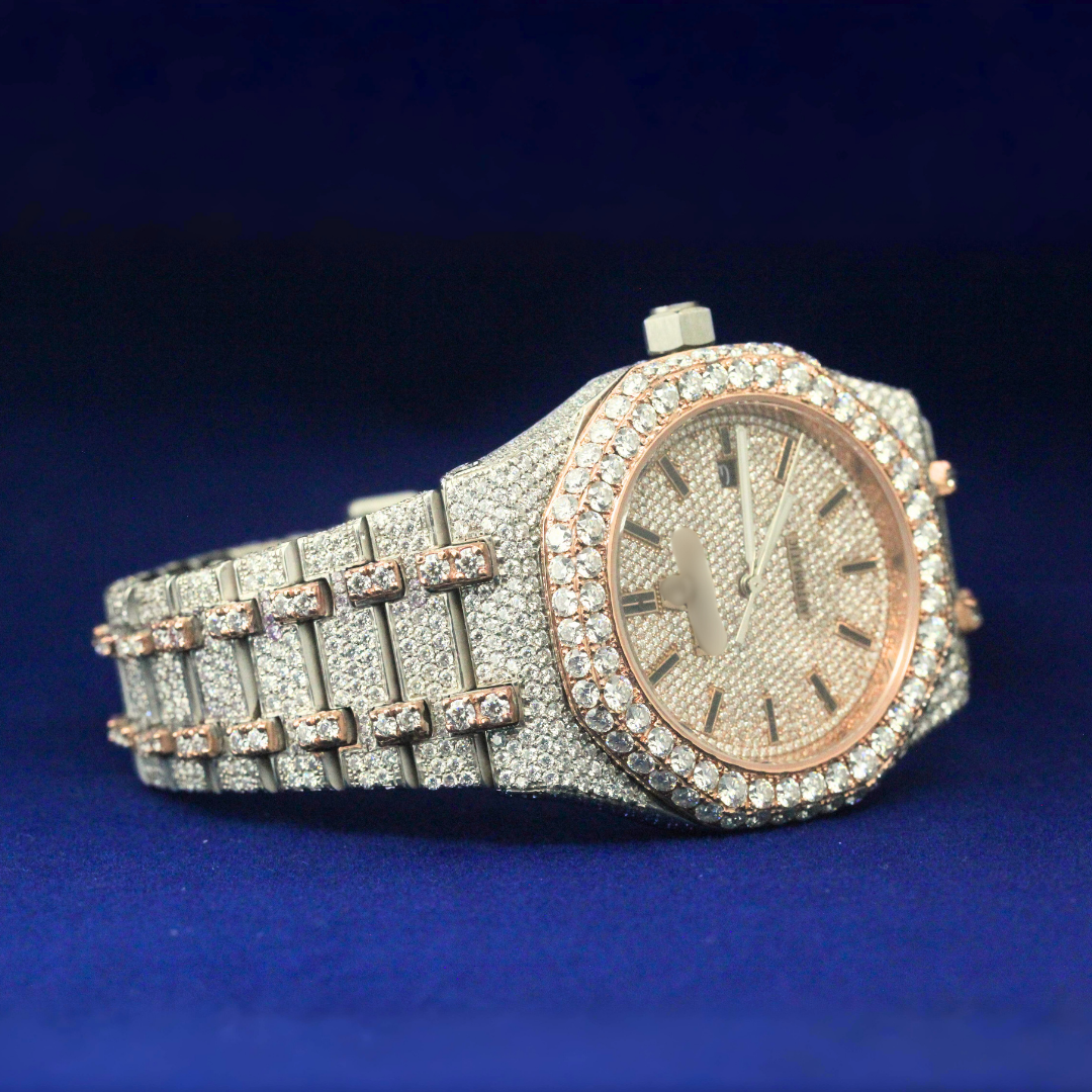 Right side view of Bust Down Rose Gold Watch with Moissanite diamonds – Custom iced-out watch