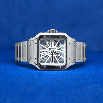 Front view of Celestial Prime Chrono plain stainless steel watch with a bold and modern design.