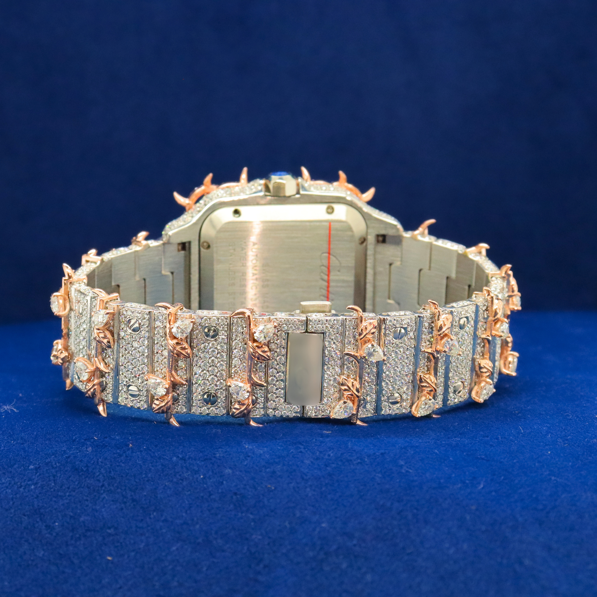 Back view of Crown of Thorns Diamond Watch with Moissanite diamonds – Custom iced out hip hop watch