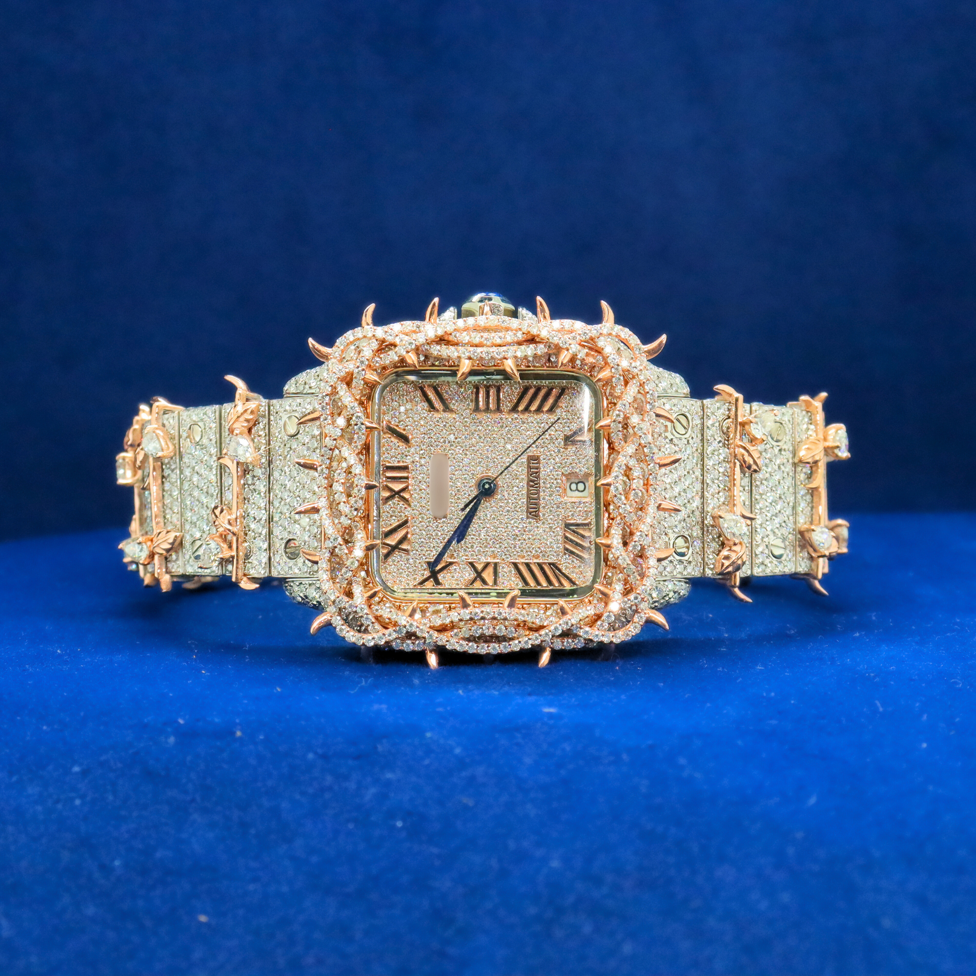 Front view of Crown of Thorns Diamond Watch with Moissanite diamonds – Custom iced out hip hop watch