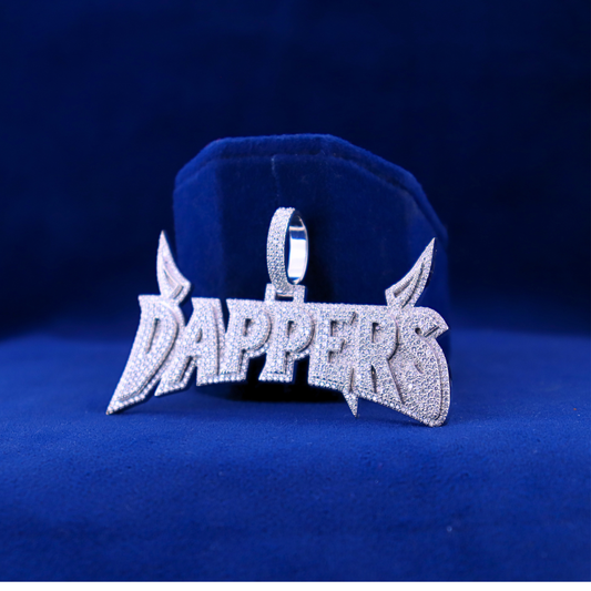 Left side view of Dappers iced-out pendant made with 14K silver and shining moissanite diamonds, styled with half iced out custom watch.