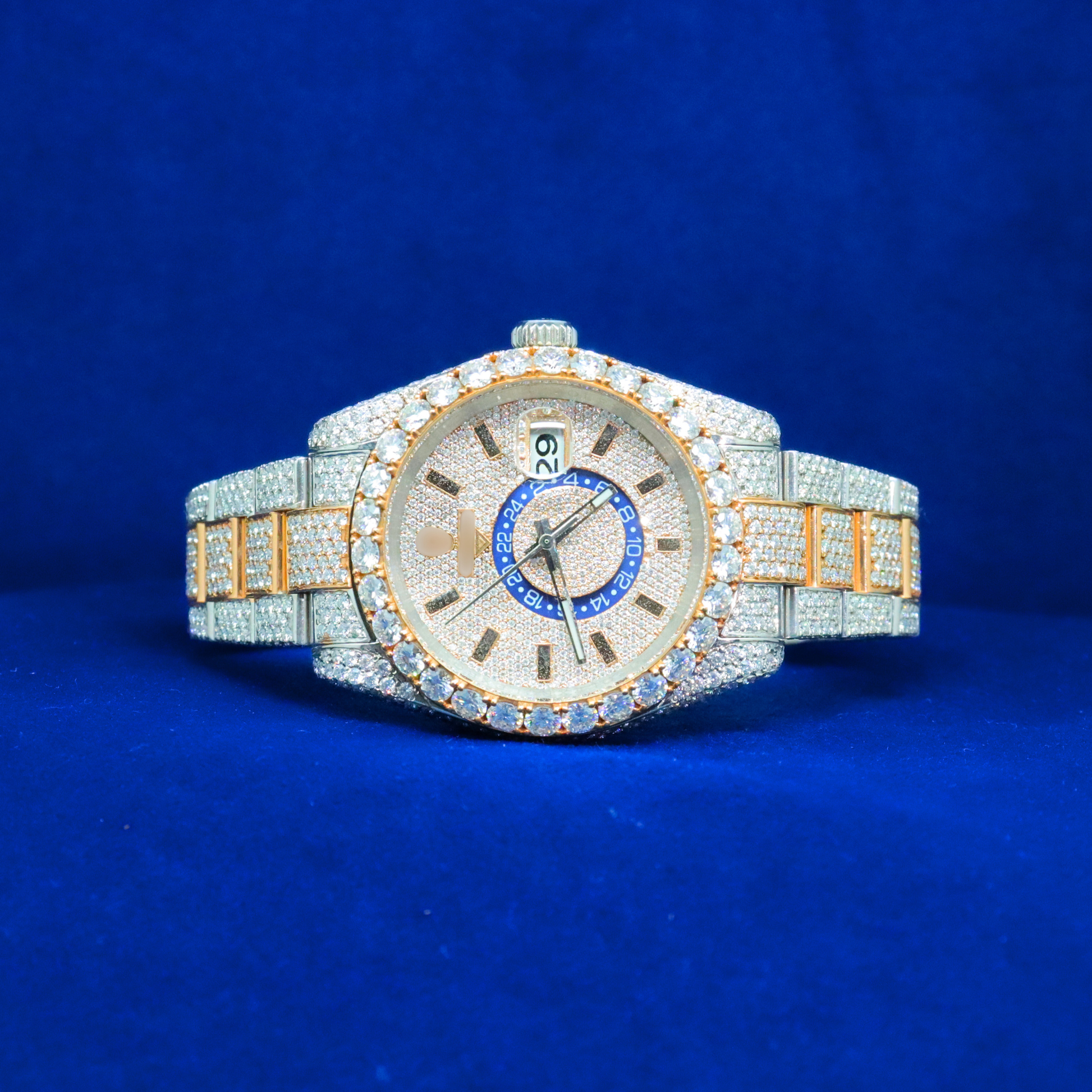 Front view of Diamond Encrusted Luxury Timepiece with Moissanite diamonds – Custom iced out hip hop watch