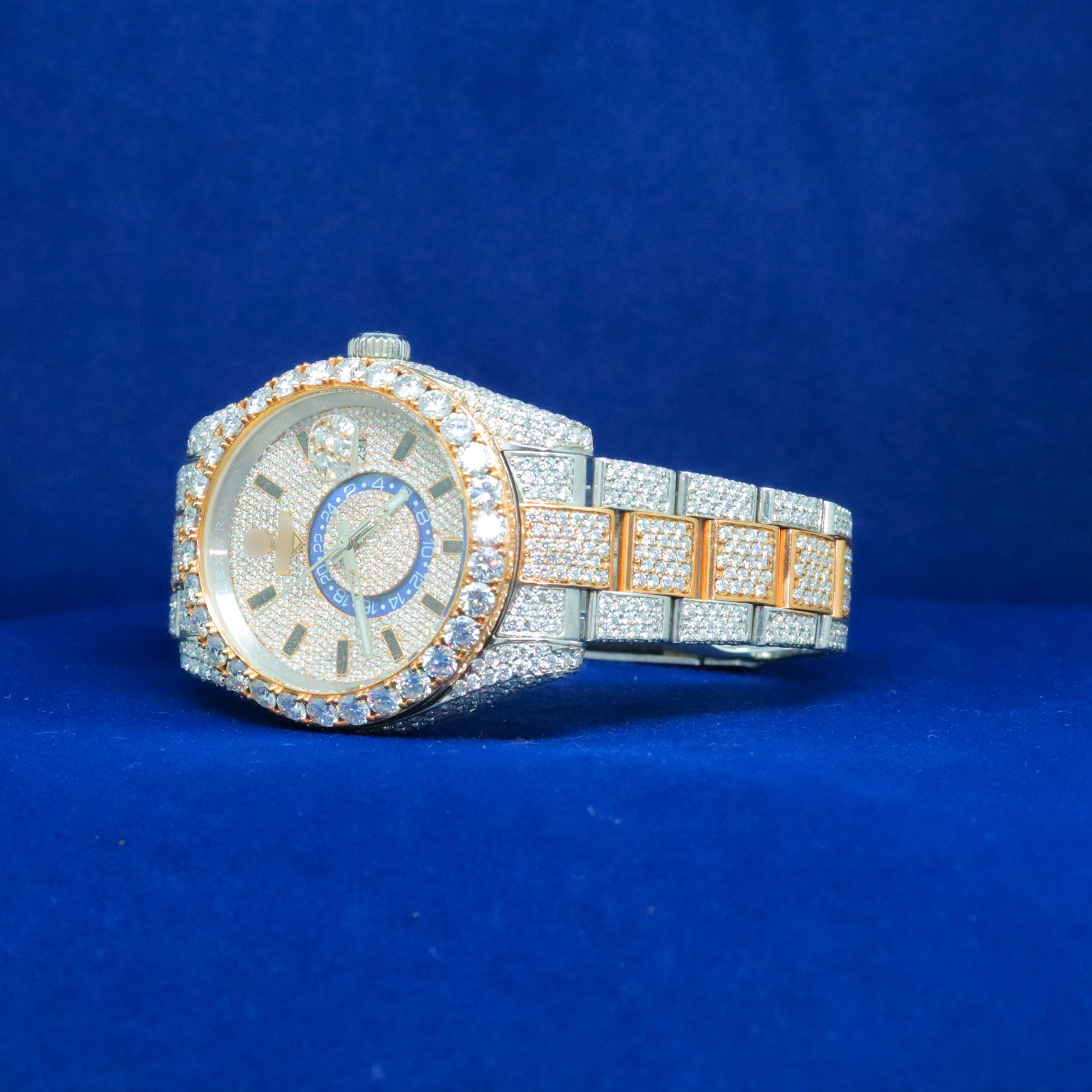 Left side view of Diamond Encrusted Luxury Timepiece with Moissanite diamonds – Custom iced out hip hop watch