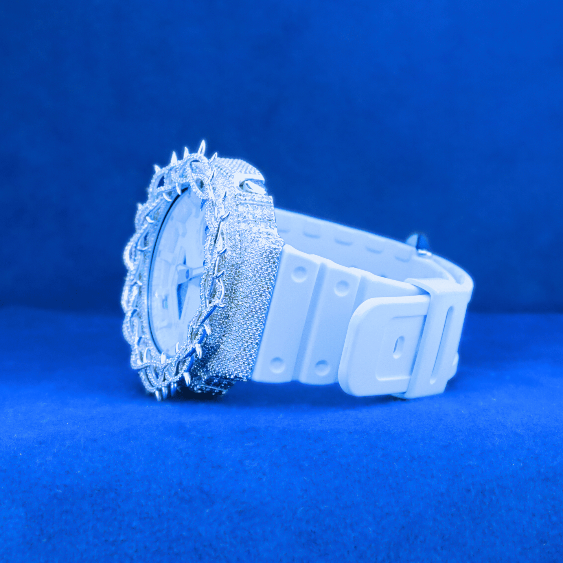 Left-side view of Diamond Neo Time Elite custom hip-hop watch, fully iced out with MOISSANITE diamonds.