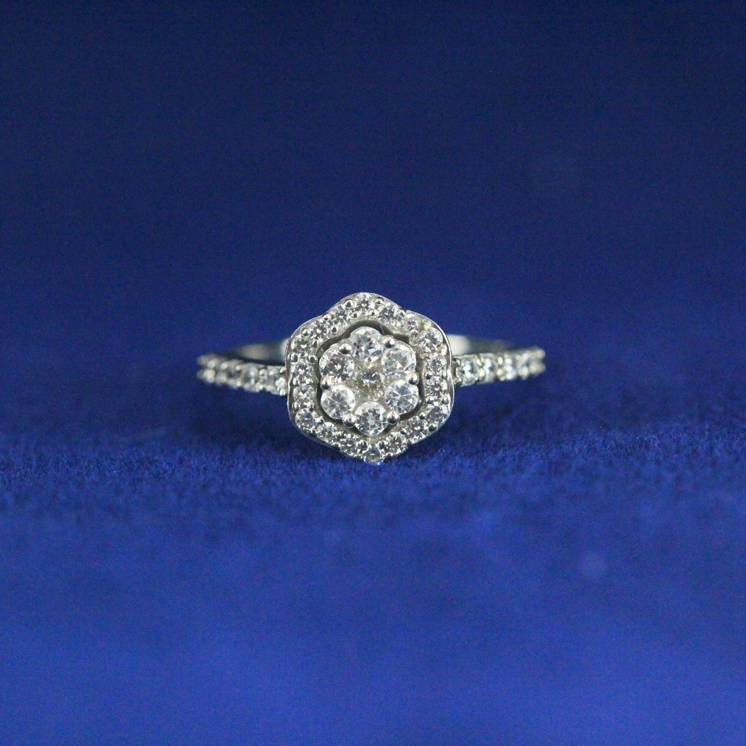 Front view of Frosted Flower Ring with Moissanite diamonds – Fine jewelry