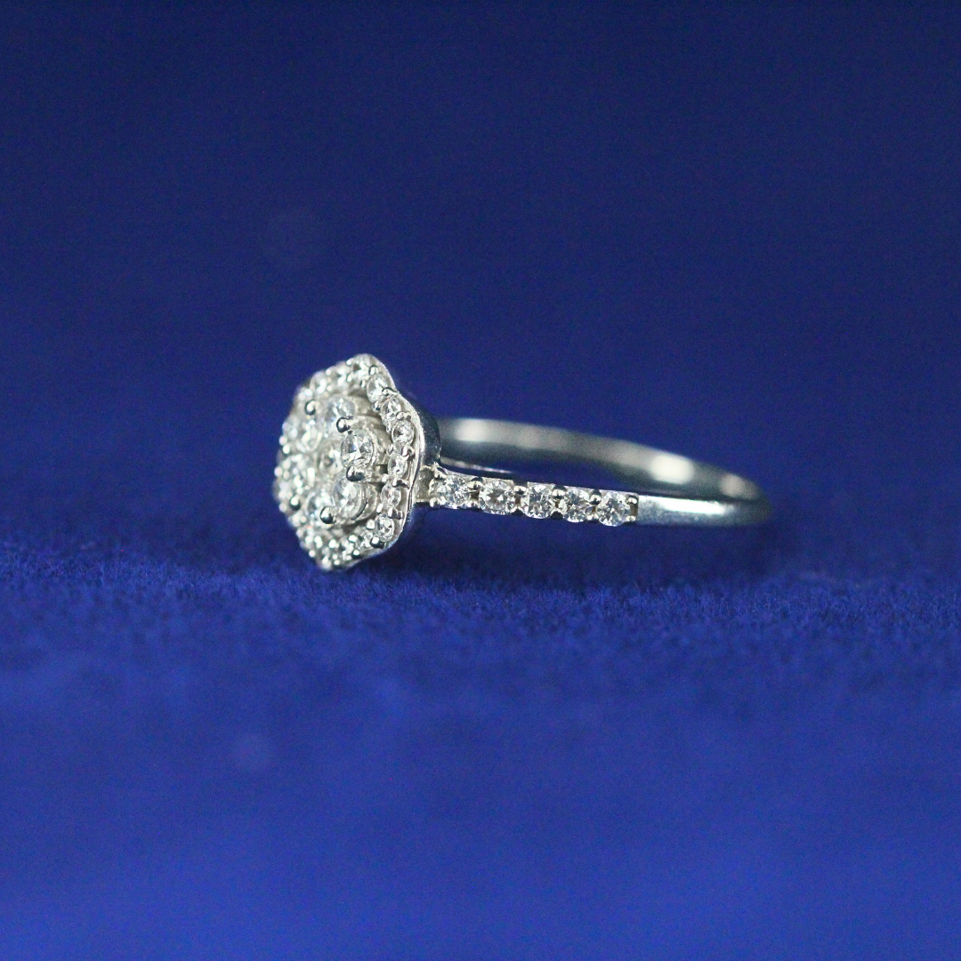 Left side view of Frosted Flower Ring with Moissanite diamonds – Fine jewelry