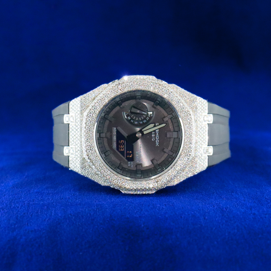 Front view of G-Shock Bust Down Diamond Bezel Watch in 925 silver with Moissanite diamonds – Fine jewelry