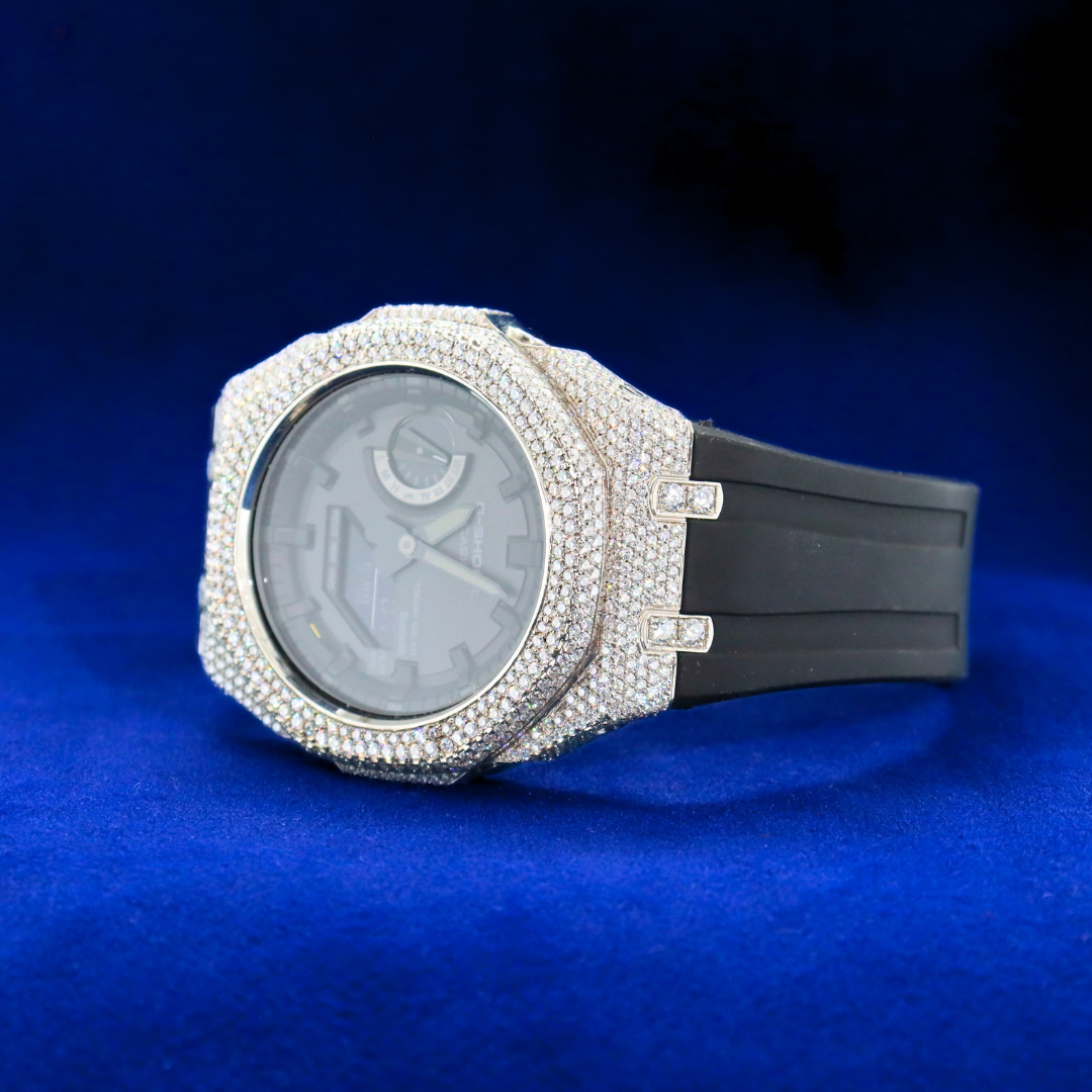 Left side view of G-Shock Bust Down Diamond Bezel Watch in 925 silver with Moissanite diamonds – Fine jewelry