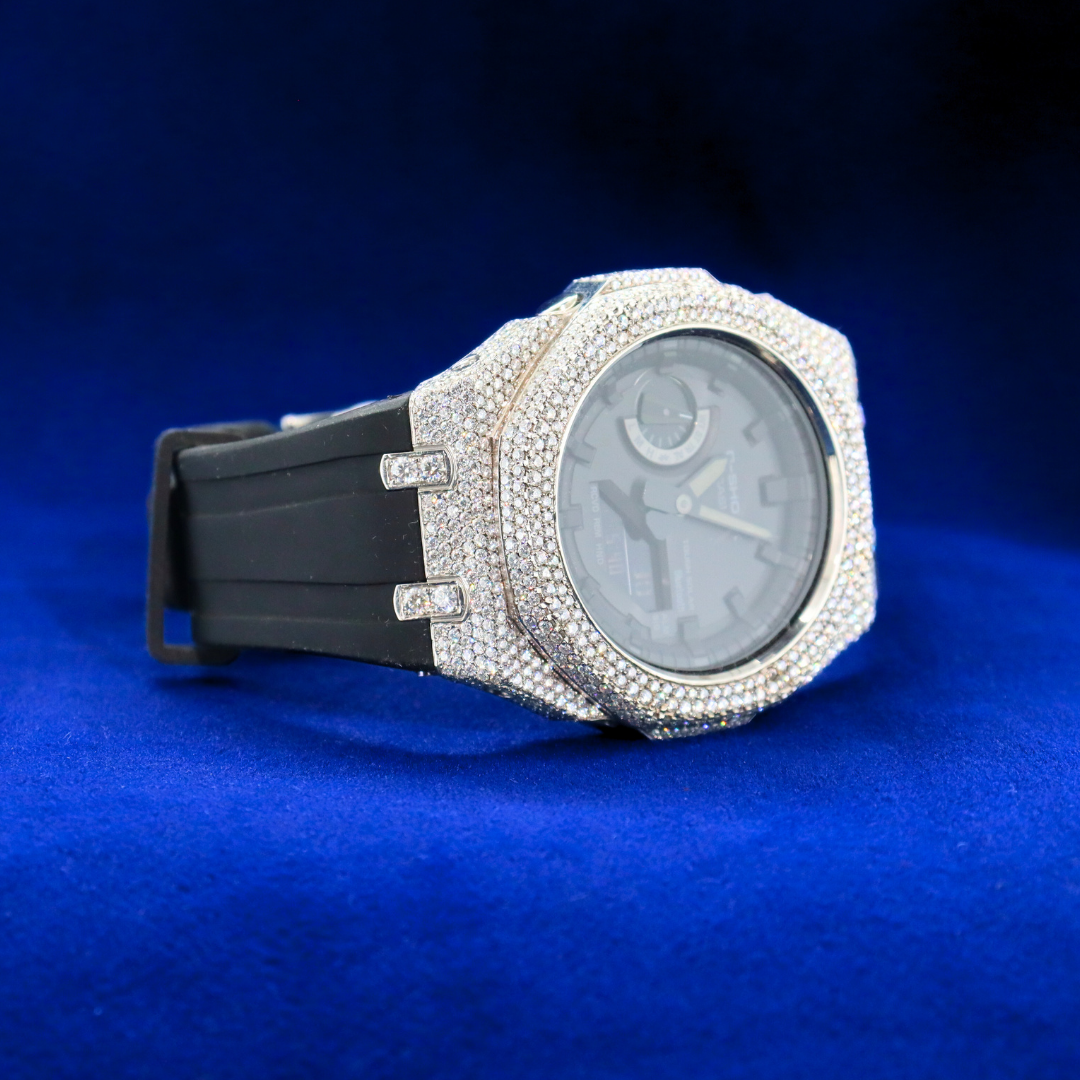 Front view of G-Shock Bust Down Diamond Bezel Watch in 925 silver with Moissanite diamonds – Fine jewelry