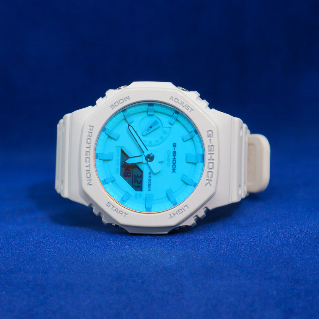 Front view of G-Shock White Resin Watch with Aqua Dial – Durable and stylish sports watch