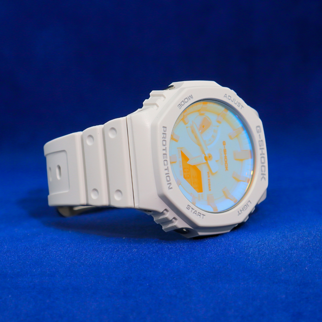 Right side view of G-Shock White Resin Watch with Aqua Dial – Shock-resistant and water-resistant design