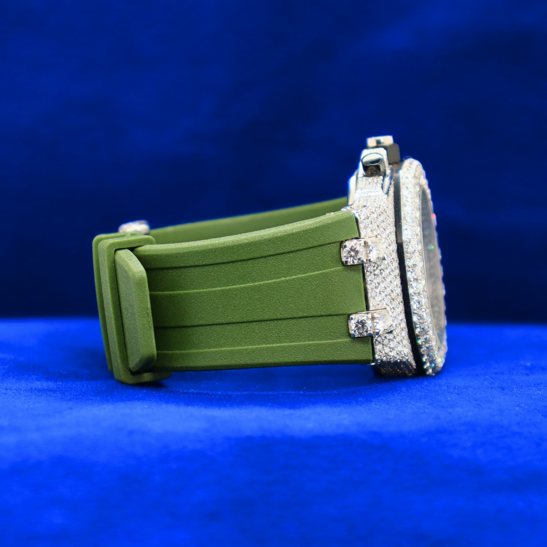 Right angle of Green Glacier Icy Volt Master showing half iced out moissanite diamond layout on 14K white gold custom watch