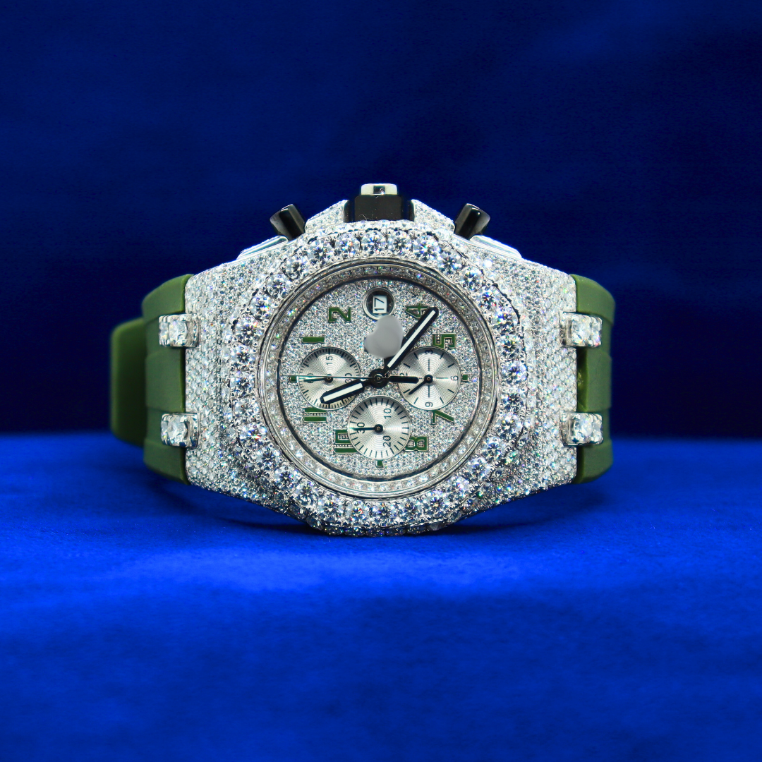 Front view of Green Glacier Icy Volt Master in 14K white gold with moissanite diamonds – luxury half iced out custom watch