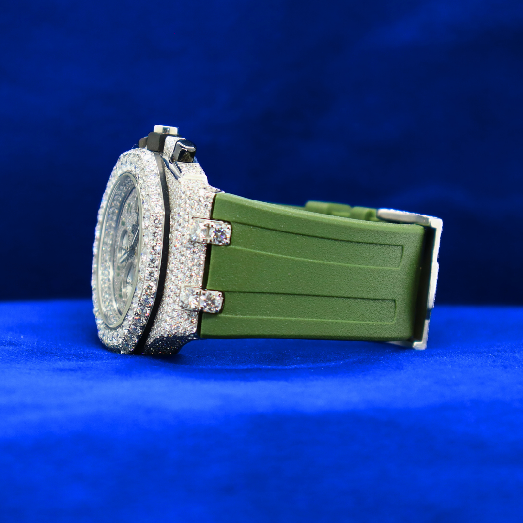 Left side of Green Glacier Icy Volt Master watch in white gold with moissanite diamonds – half iced out luxury timepiece