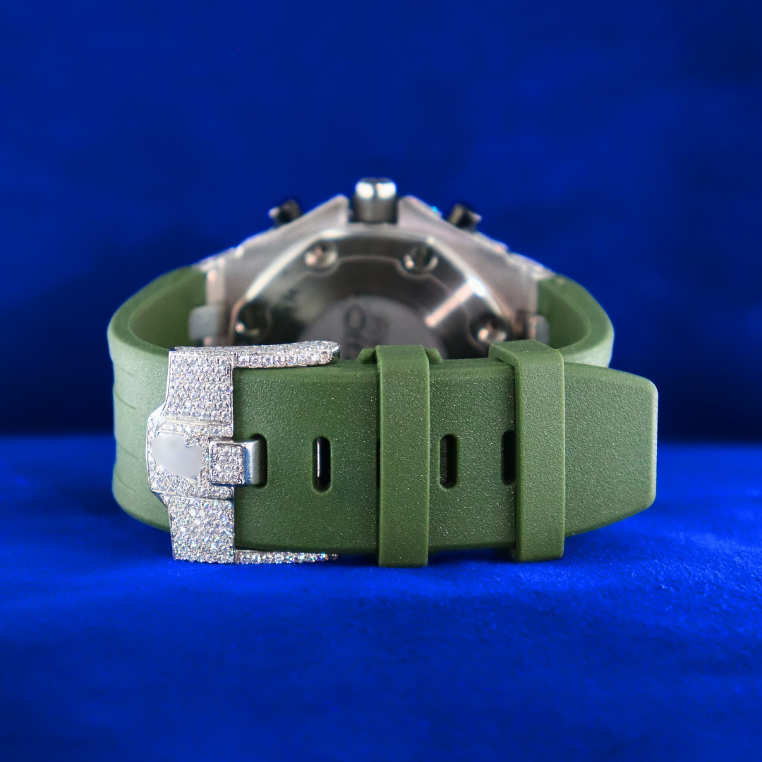 Back of Green Glacier Icy Volt Master 14K white gold custom watch – iced with moissanite diamonds, sleek half iced style