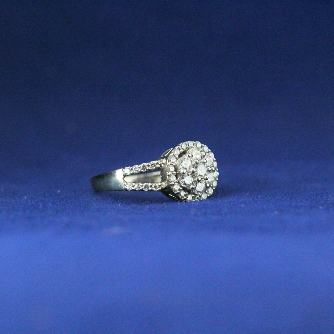 Left side view of Halo Cluster Diamond Ring with Moissanite diamonds – Fine jewelry