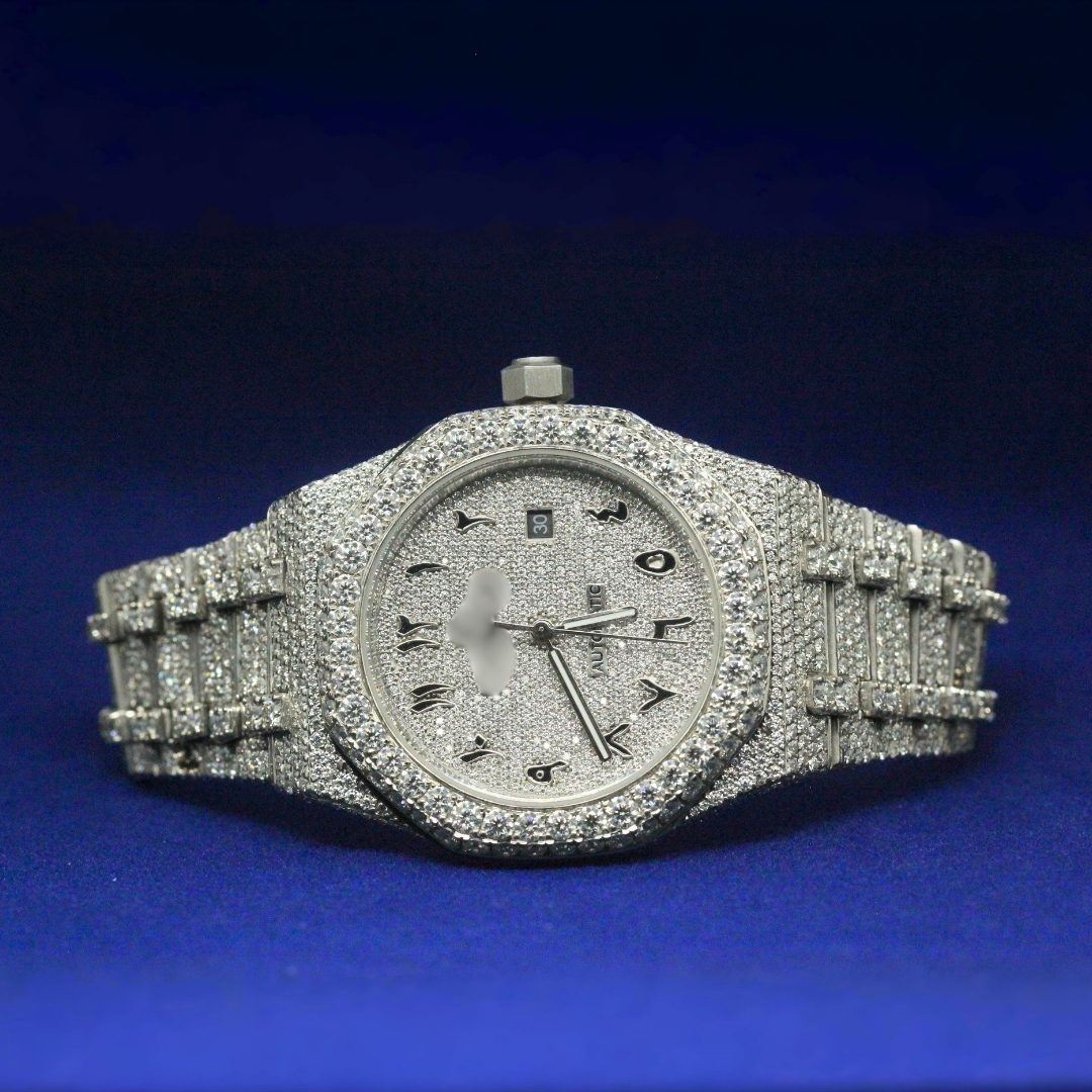Front view of Hip Hop Moissanite AP-Style Watch with Moissanite diamonds – Custom iced-out watch