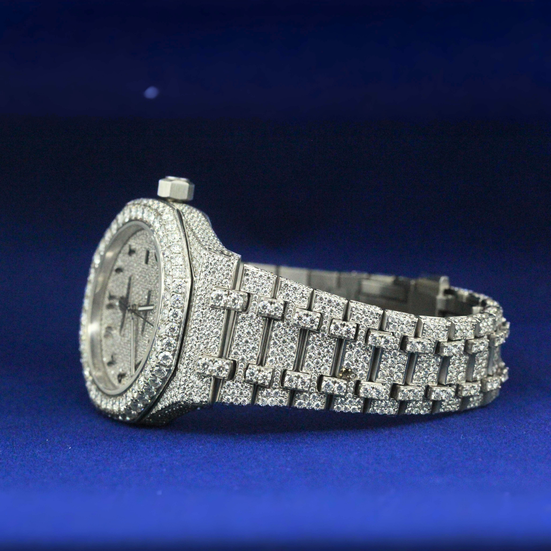 Left side view of Hip Hop Moissanite AP-Style Watch with Moissanite diamonds – Custom iced-out watch