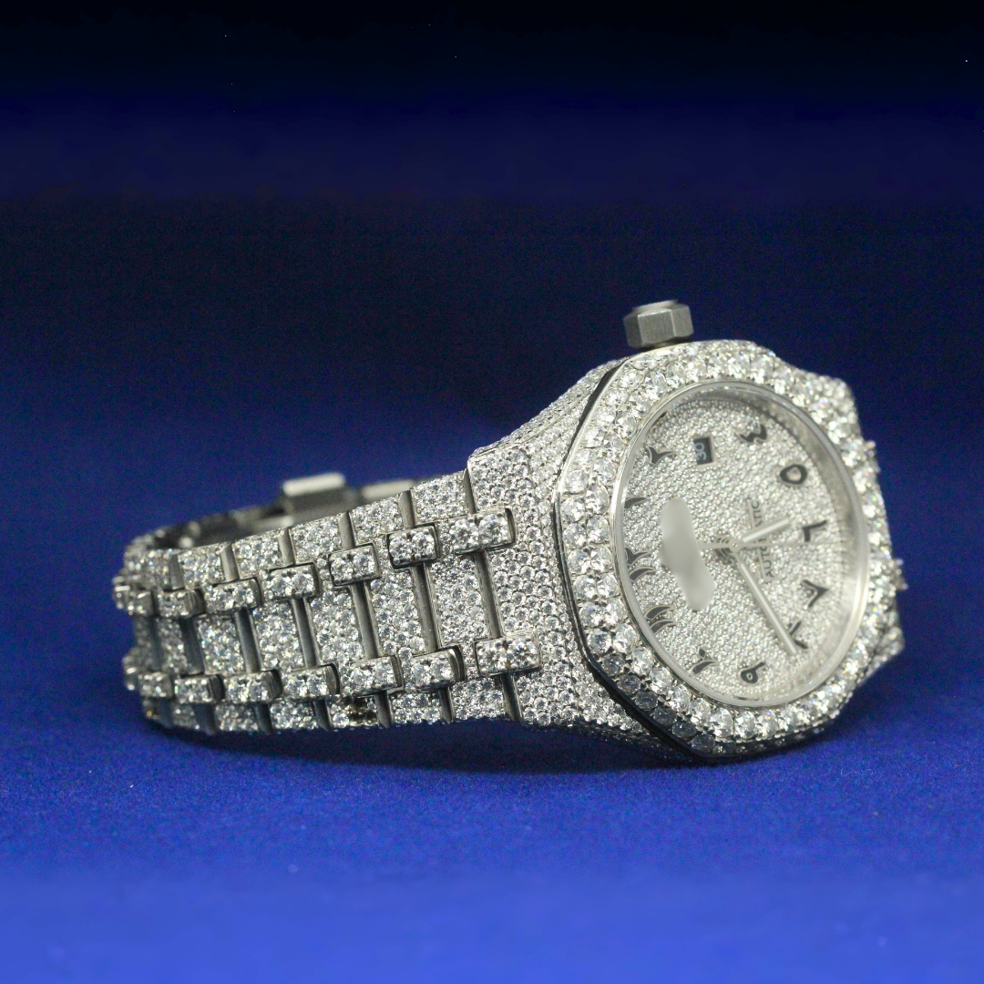 Front view of Hip Hop Moissanite AP-Style Watch with Moissanite diamonds – Custom iced-out watch