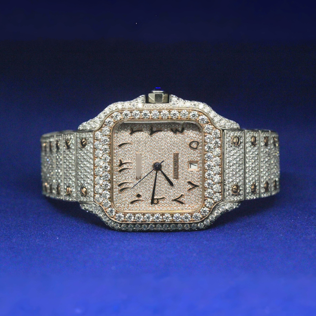Front view of Iced-Out Cartier Santos-Inspired Watch with Moissanite diamonds – Custom hip-hop watch