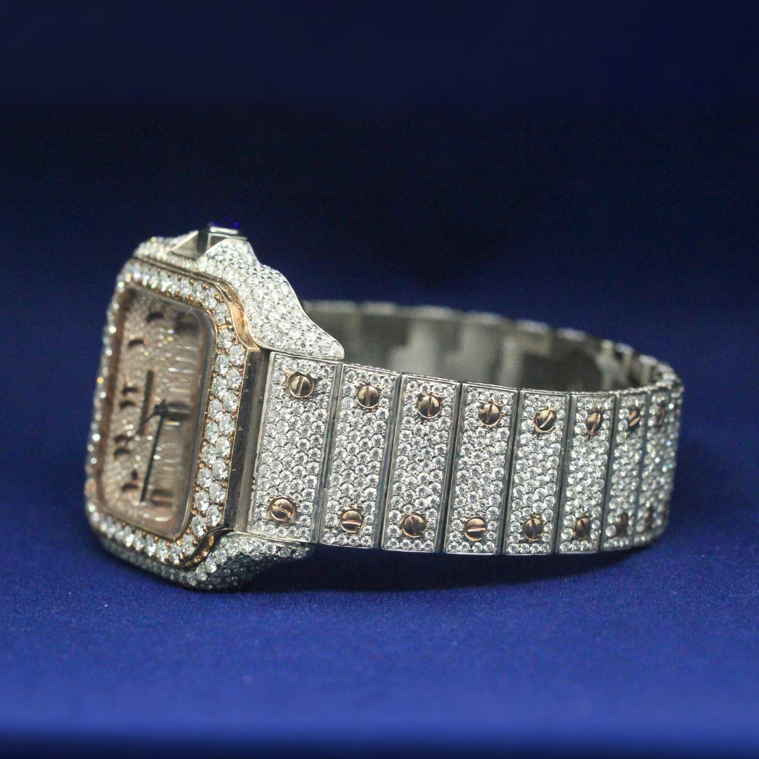 Left side view of Iced-Out Cartier Santos-Inspired Watch with Moissanite diamonds – Custom hip-hop watch
