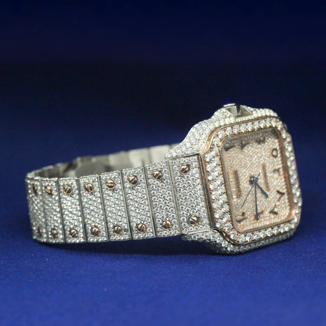Right side view of Iced-Out Cartier Santos-Inspired Watch with Moissanite diamonds – Custom hip-hop watch