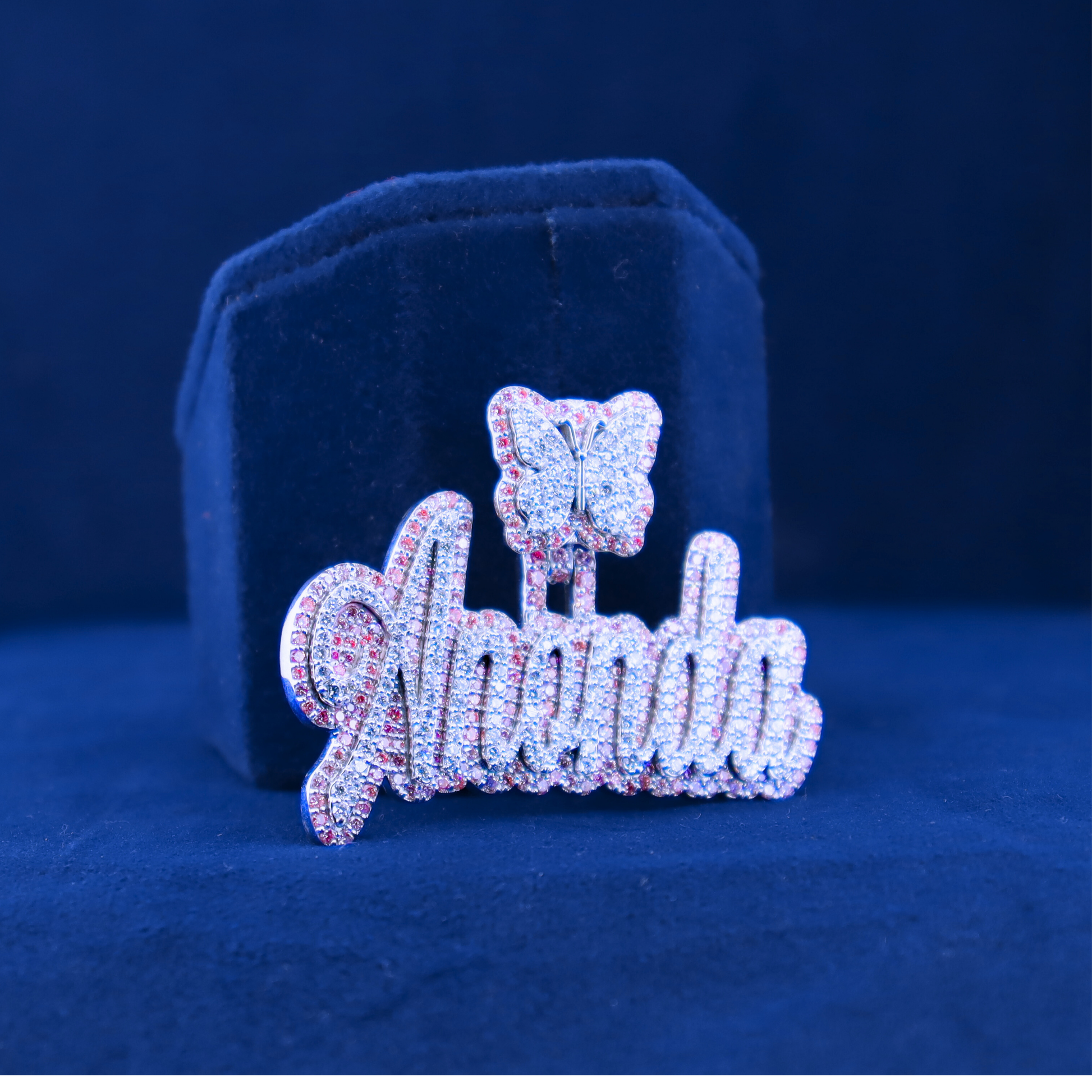 "Front view of Iced Out Jesus Piece Pendant in 14K silver with moissanite diamonds, matching half iced out custom watch style."
