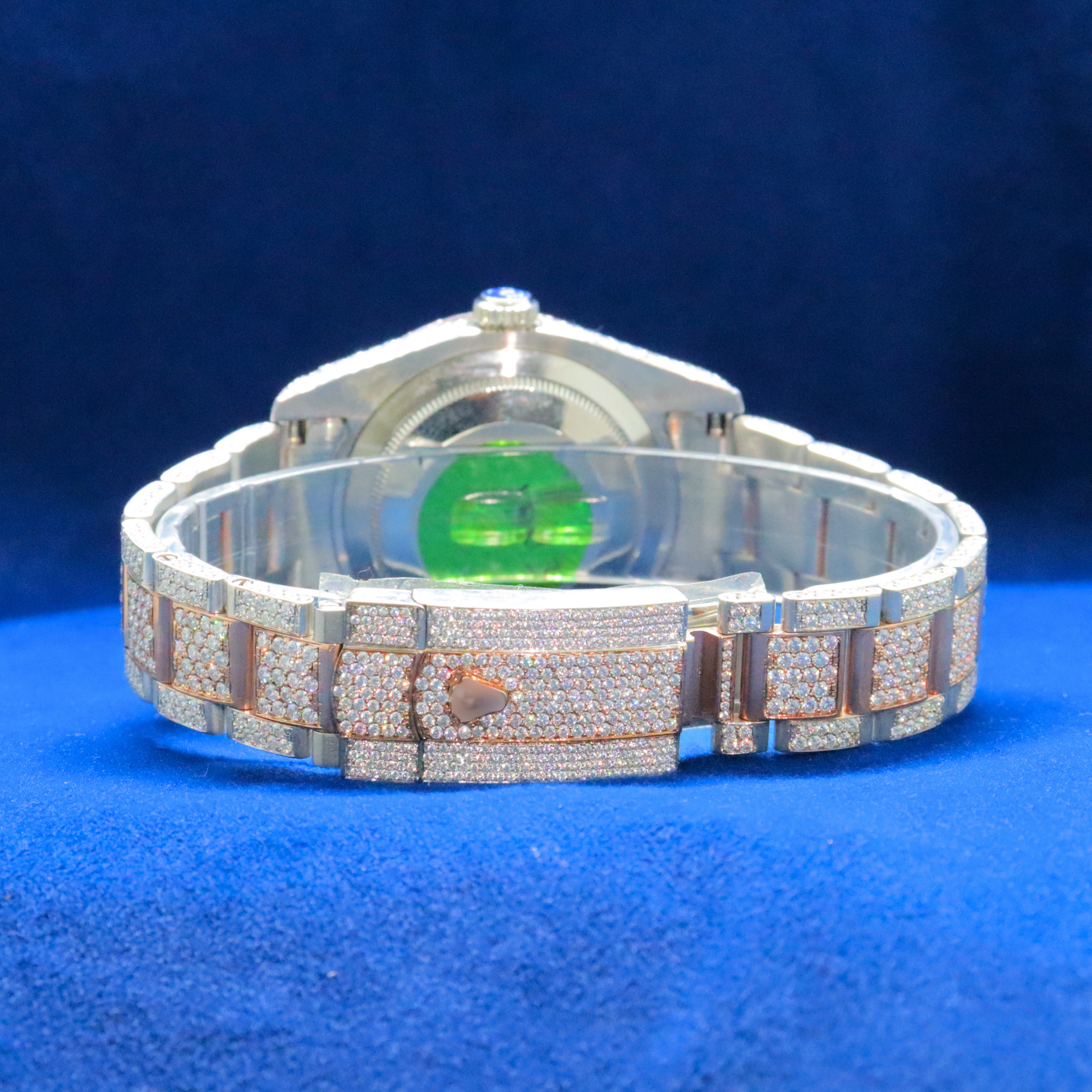 Back view of Iced-Out Roman Numeral Watch with Moissanite diamonds – Custom hip hop timepiece