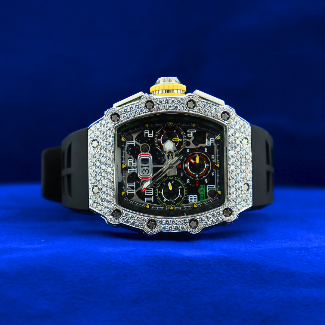 Front view of Iced Phantom watch in 14K white gold with moissanite diamonds – premium half iced out custom design for men and women